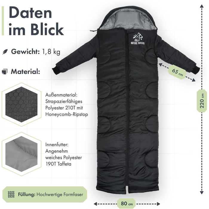 Спальний мішок з рукавами Nature Rovers, чорний, для дорослих, 3 сезони, водонепроникний, з подушкою, 220x80 см