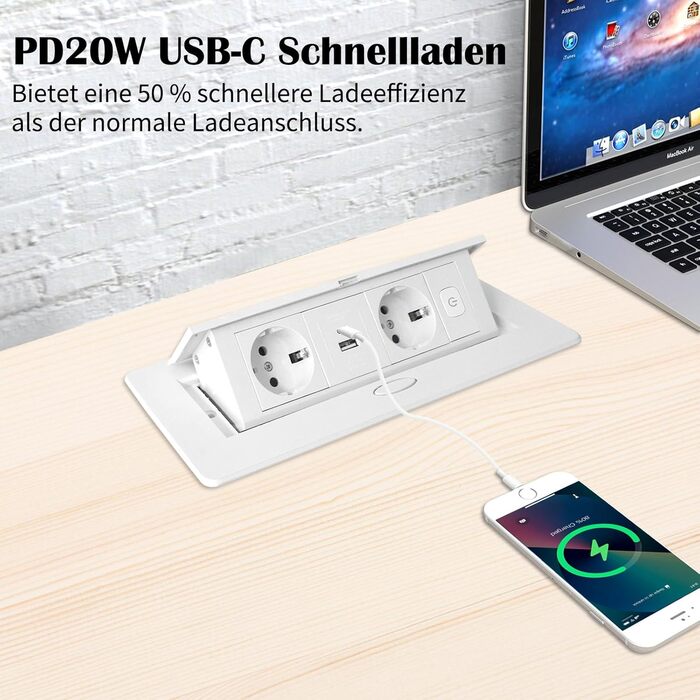Вбудована розетка PD20W USB-C з швидкою зарядкою для столу, біла (20W, Type-C)