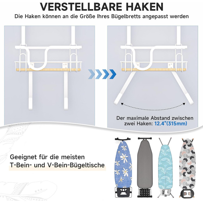 Настінна кріплення для прасувальної дошки з кошиком для зберігання та гачками (білий)