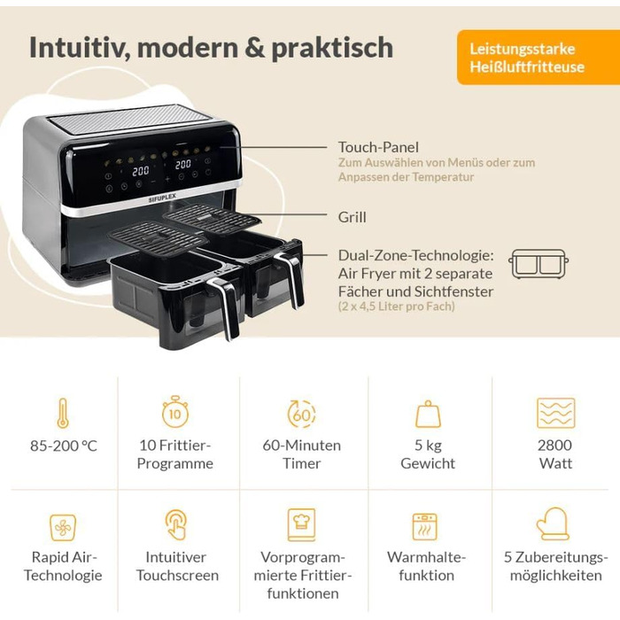 Фритюрниця Sifuplex ASF90 Duo 9L з подвійними кошиками (2 x 4.5L), 10 програм, Rapid-Air, сенсорний екран, 90% менше жиру, для смаження, випікання, розморожування