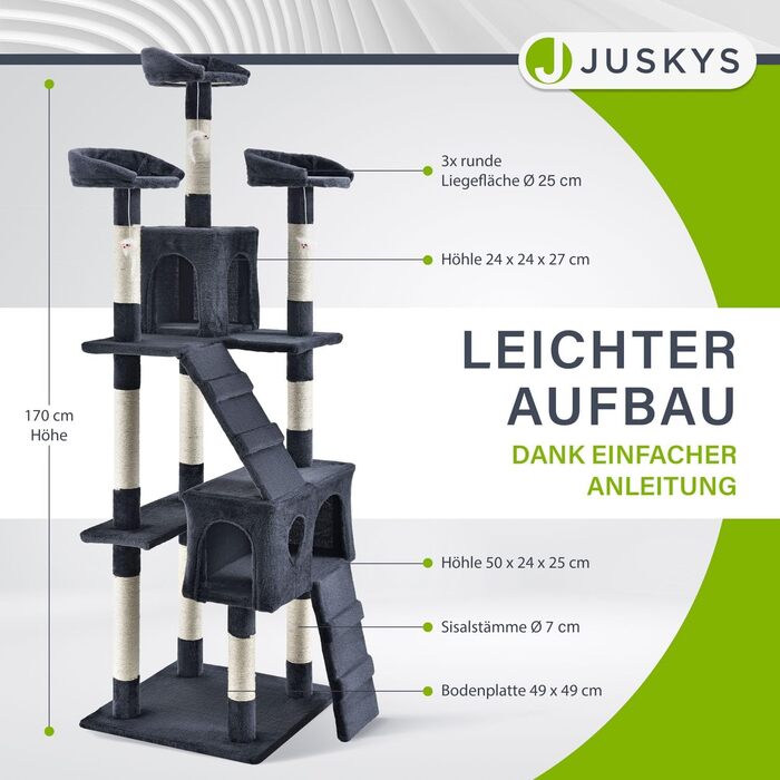 Дерево для котів Juskys Amy XXL з печерами, лежанками, сходами та сизалевими стовпчиками - стабільний котячий комплекс 170 см, сірий/темно-сірий