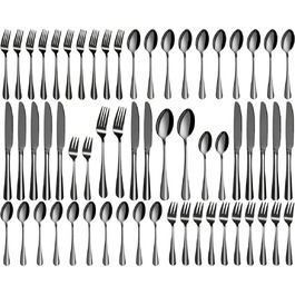 Набір столових приборів на 12 осіб, 60 предметів, чорний, з нержавіючої сталі, з високоглянцевим покриттям, придатний для миття в посудомийній машині, елегантний чорний матовий набір, з ножем, виделкою, ложкою, для дому, вечірки, ресторану
