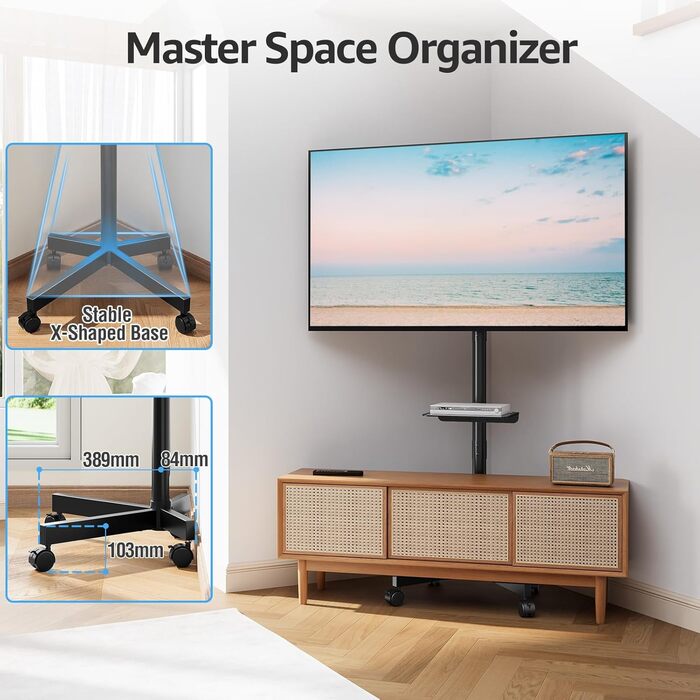 Телевізійна тумба MOUNTUP на колесах для LED/LCD/Plasma телевізорів 23-60 дюймів, до 35 кг, VESA 400x400 мм, з регулюванням висоти та нахилу