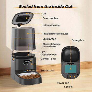 Автоматичний годівниця для котів та дрібних собак з керуванням через додаток, 5л, Wi-Fi, програмування порцій, антизастрягання, миска з нержавіючої сталі, легке очищення