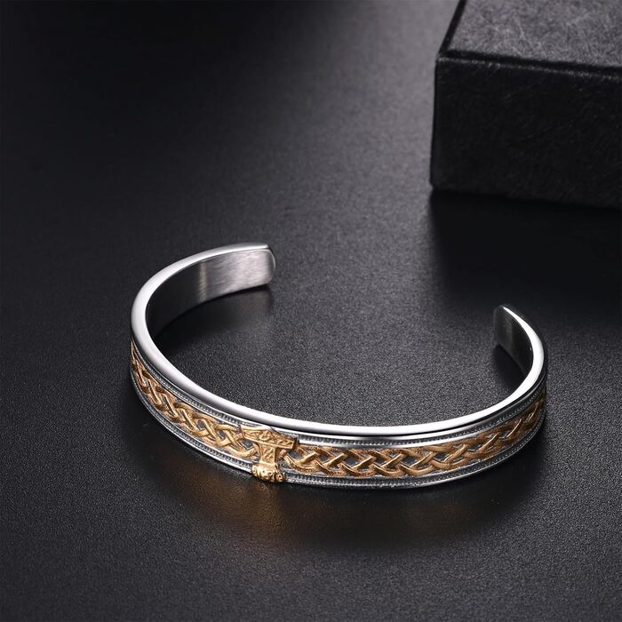 Чоловічий браслет JewelryWe з нержавіючої сталі з вовком, плетіння, стиль вікінг/байкер, відкритий браслет, срібло/золото/чорний, еластичний, набір 2 шт. (Молот Тора)