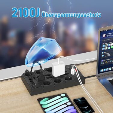 Мережевий фільтр BEVA з 18 розетками, 3680W/16A, захист від перенапруги 2100J, 2 USB-C (15W) + 4 USB-A, з вимикачем, для офісу та дому