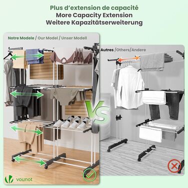 VOUNOT® Сушарка для білизни Турбо, висувна, компактна, для дому та вулиці, з розкладними крилами, телескопічною штангою та 6 роликами, 40м довжини сушіння, 3 яруси, біла