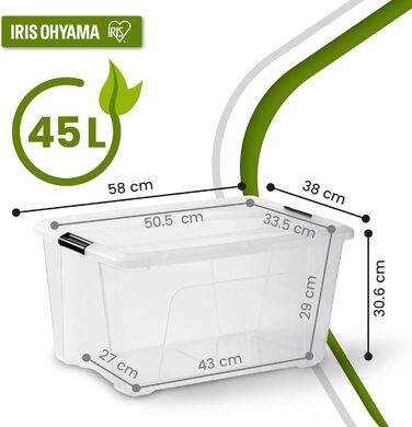 Iris Ohyama Storage Box with Lid, 6-Piece Set, Transparent, Snap Closures with Handles, Stackable, Strong & Durable, For Clothes, Garage, Home, Office, Plastic Box, Storage TB-45 (45L, x4)