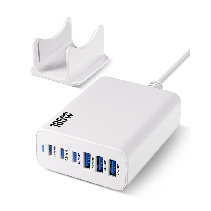 Зарядний пристрій 165W USB-C GaN з 6 портами для швидкої зарядки iPhone 17/16/15 Pro, iPad, ноутбуків та Samsung Galaxy – мережевий адаптер для дому та подорожей