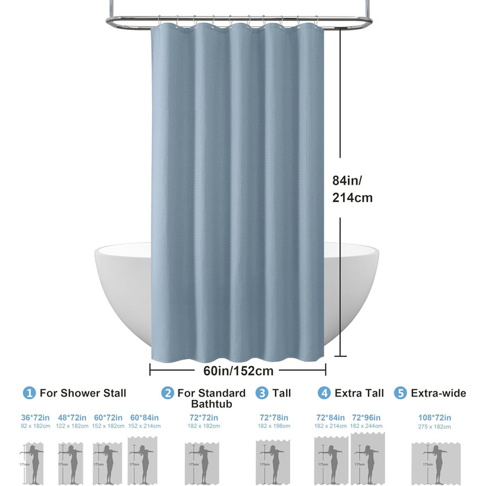 Штора для ванної кімнати Waffel (182x182 см, біла) з кільцями, водовідштовхувальна, антигрибкова, тканинна. Розмір: 182x182 см (1 шт)