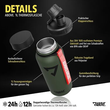 Термофляга ABOVE Edelstahl 1л оливкова: нержавіюча сталь, BPA-free, 12 год гаряче/24 год холодне, для фітнесу, спорту, активного відпочинку