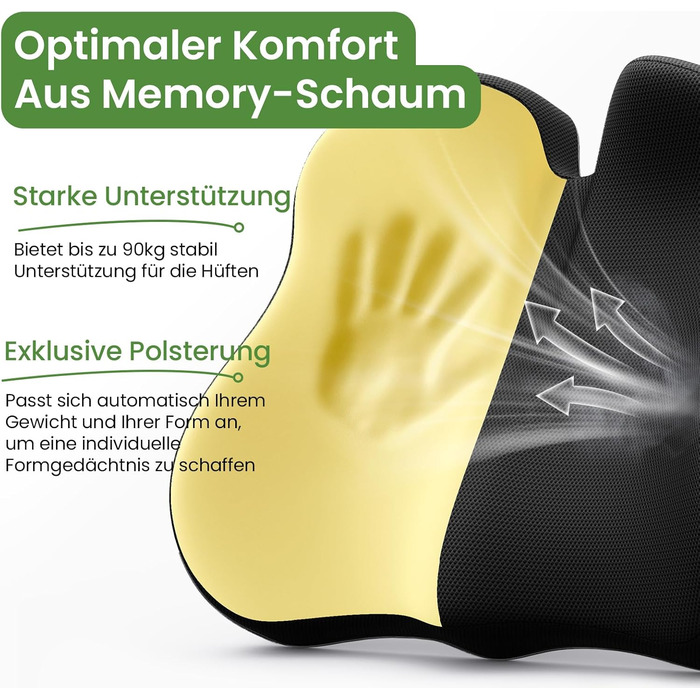 Подушка для сидіння з Memory Foam для куприка, ергономічна, для офісу, дому, авто та інвалідного візка. Захист від болю в куприку, протиковзка основа, чорний колір.