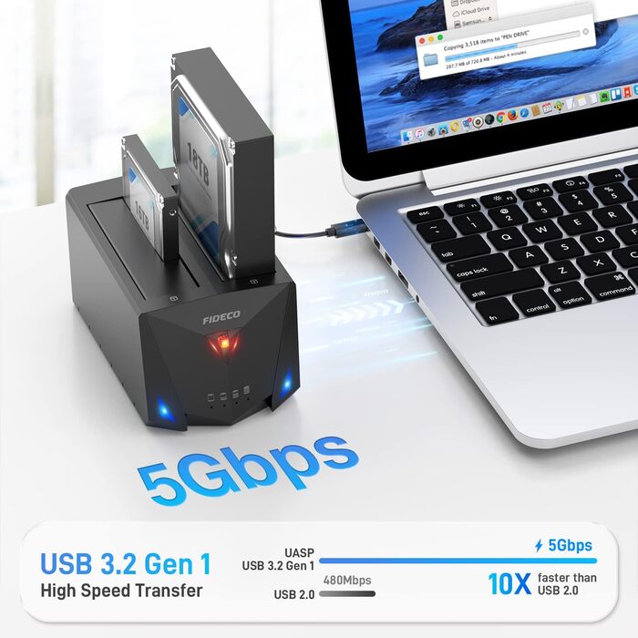 Док-станція для жорстких дисків FIDECO з USB 3.2 Gen1, 2 відсіки SATA HDD/SSD, підтримка UASP та офлайн-клонування, Type-C