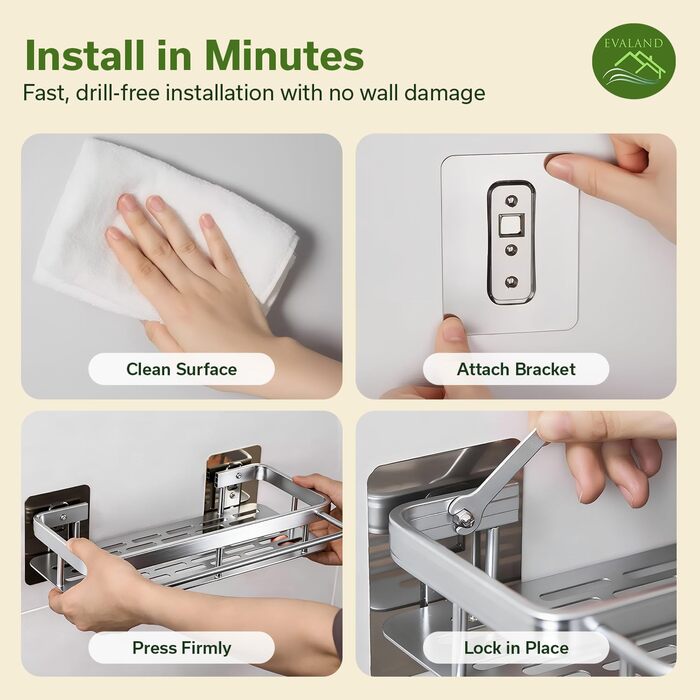 Полка для душу Evaland з алюмінію, 2 шт. з гачками та стійкою для рушників, без свердління, стійка до іржі, преміум-органайзер для ванної кімнати, кухні, сріблястого кольору