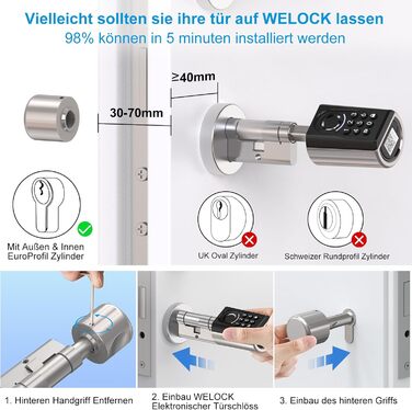 Електронний дверний замок WELOCK ToucA51 з відбитком пальця, кодом, RFID-карткою та мобільним додатком, для вхідних дверей, регульований циліндр 30-70 мм