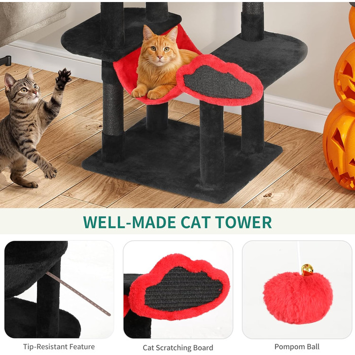 Котячий комплекс YITAHOME XXL, 142 см, з 8 стовпчиками сизалю, 3 платформами, 2 хованками, гамаком, іграшками, чорно-червоний