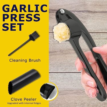 Преміум-прес для часнику з нержавіючої сталі - прес-подрібнювач часнику, подрібнювач та очищувач, набір, стійкий до миття в посудомийній машині та іржі (матова чорна поверхня)