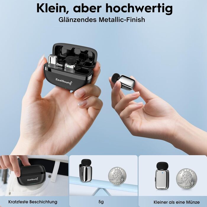 Мікрофон ZealSound Mini Wireless з USB-C/Lightning, для Android/iPhone, з шумозаглушенням, 33h акумулятор, 100м, для Vlogging, TikTok, Podcast, YouTube (M6 Чорний/Срібний)