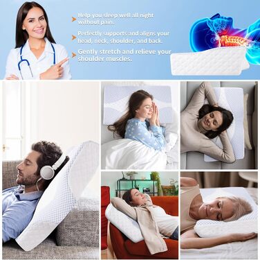 Подушка Hydomi з піною з пам'яті для шиї та плечей, ортопедична подушка для сну, регульована ергономічна подушка для сну на боці, спині та животі - порожниста конструкція, сіра та біла (03-блакитно-біла)