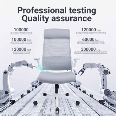 Ергономічне крісло для офісу з регульованою підголовником, сітчасте крісло для столу, відкидні підлокітники, широке сидіння, функція гойдання, комп'ютерне крісло EN 1335, офісне крісло 200 KG, сіре