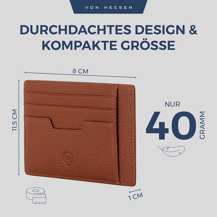 Шкіряний картхолдер VON HEESEN з RFID-захистом, портмоне для кредитних карток з наппа-шкіри, 9 відділень, унісекс (коньячний коричневий)