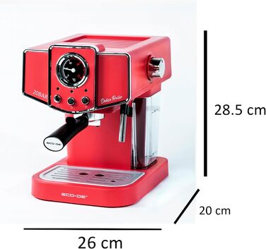ECODE® Espresso Machine Delice Black, 20 Bar Pressure, Swivel Vaporizer - Machine with 1.5 L Tank, Milk Frother, Single/Double Dosing, Manometer with Temperature - Coffee Machine (Rosso)