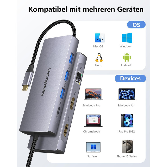 Док-станція для ноутбука Newmight з двома HDMI, підтримка 2 моніторів 4K, Ethernet 1 Gbps, PD 100W, 3 USB 3.0, SD/TF Reader, USB-C, сірий (HP/Dell)