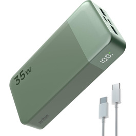Power Bank Nobis 20000mAh з LED дисплеєм, 35W USB-C, 4 порти, для MacBook, iPhone 15, Samsung S23 (зелений)