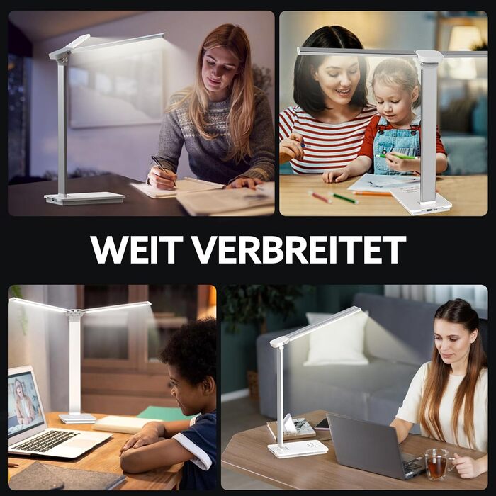Лампа настільна LED LENDO з двома головками, регульована яскравість 700 люмен, 5 рівнів регулювання, 5 кольорових режимів, USB-порт для зарядки та вбудований акумулятор 2000mAh, для дітей, спальні, читання (срібна)