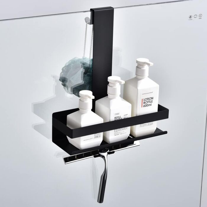 HomeHeng Shower Shelf for Hanging, Stainless Steel Shower Basket Shelf, Matte Black Shower Shelf Shampoo Holder with Hooks for Glass Shower Enclosure, H30MB-1DH