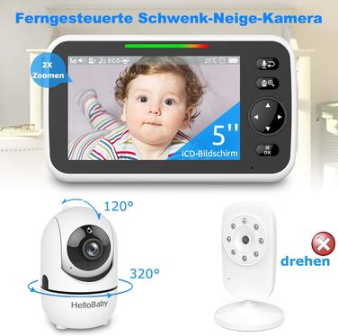 Відеоняня HelloBaby з 5-дюймовим екраном, розділеним на дві частини, акумулятор 30 годин, поворотна камера з нахилом та зумом, нічне бачення, ECO режим, двосторонній аудіо, 8 колискових, радіус дії 300 метрів, HB6550