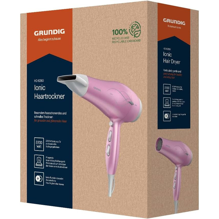 Фен GRUNDIG HD 6280: 2200 Вт, іонізація, керамічне покриття, олія лотоса, 3 режими, холодний струмінь, рожевий/срібний, 2023 модель