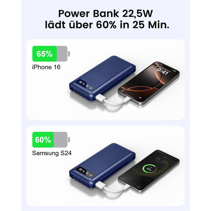 Powerbank 26800mAh з 4 вбудованими кабелями, 22.5W, LED дисплеєм та підставкою, блакитний. Сумісний з iPhone, iPad, Samsung Galaxy.