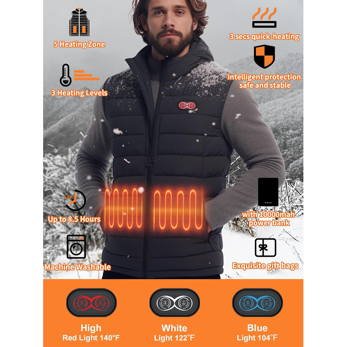 Обогревна жилетка для чоловіків та жінок, жилетка з підігрівом з акумулятором 10000 mAh та 5 зонами підігріву, для катання на лижах та полювання, чорний колір