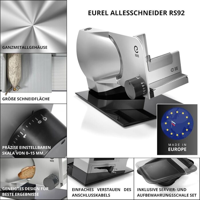 EUREL RS92 Electric Food Processor - Stainless Steel Blade, Adjustable 0-15mm, Glass Plate, 100W Silver - Made in EU