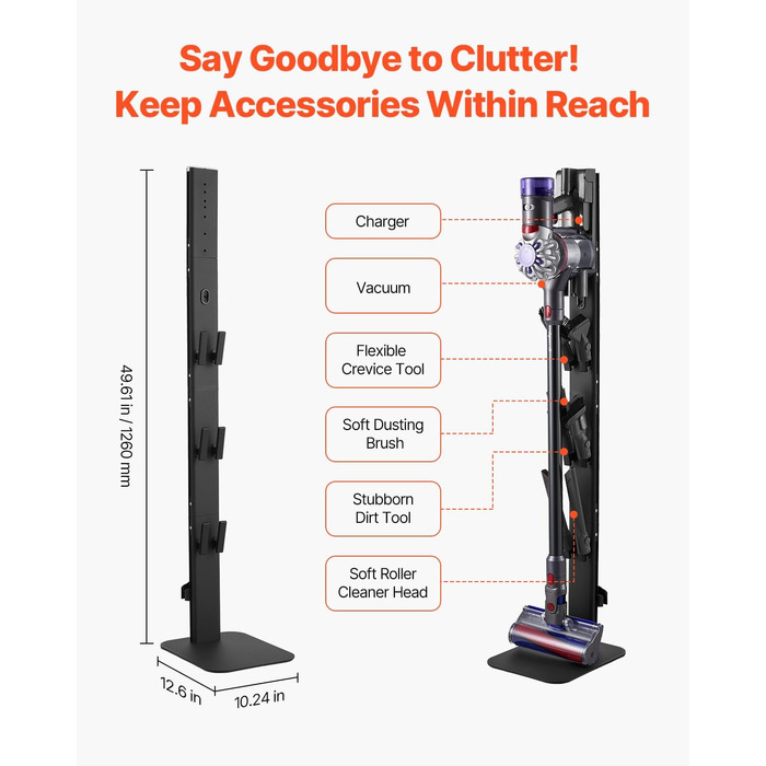 Підставка для пилососа VEVOR 126 см, сумісна з Dyson G5 V15 V12 V11 V10 V8 V7 V6, з аксесуарами, 6 гачків, неслизькі підкладки, срібна (чорна платформа)