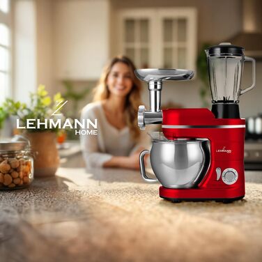 Кухонна машина Lehmann 3-в-1: планетарний міксер, м'ясорубка та соковитискач 1.5л, 3000W, з набором для ковбас, для мафінів та випічки, червона