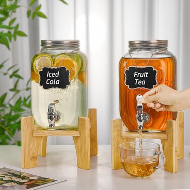 Скляний диспенсер для напоїв на 4L з краном та бамбуковим підставкою, 2 шт. Ідеально для вечірок, свят та днів народжень