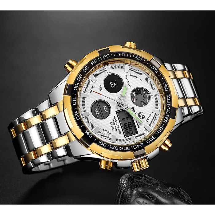 Чоловічий годинник-хронограф з нержавіючої сталі, водонепроникний, з датою та будильником, аналогово-цифровий дисплей (золотий колір)