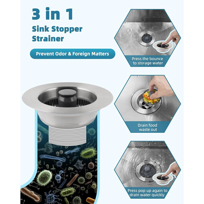2 Pieces – 3-in-1 Kitchen Sink, Pop-Up Strainer #304, Stainless Steel, Drain Strainer with Handle Rod for US Standard 8.9cm Drain Filter, Clog-Free and Easy to Clean