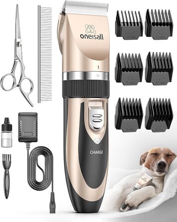 Oneisall Professional Pet Hair Clipper - Cordless Dog & Cat Grooming Kit - Electric Hair Trimmer with Gold Finish