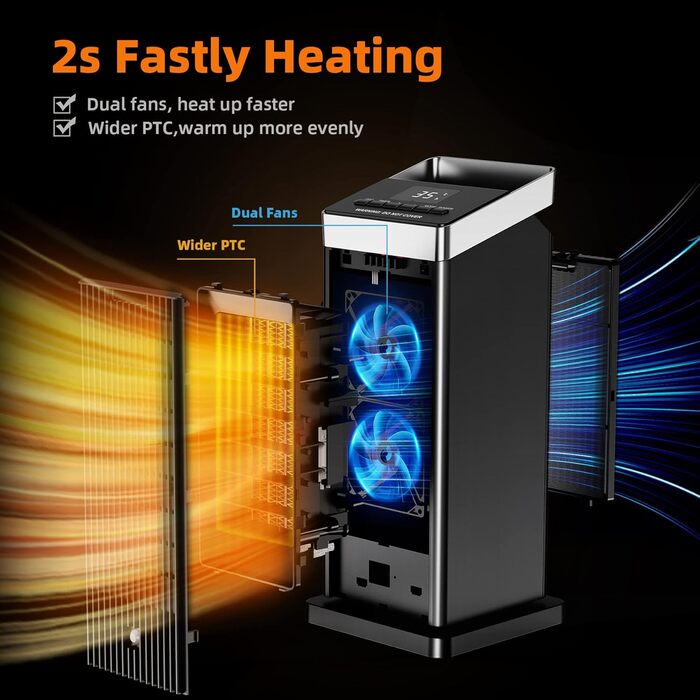 OMISOON Heater 2000W, ECO energy-saving, PTC thermostat heating with 90° oscillation, 24h timer, wind setting, multiple protection, remote control, 4 modes, for home, bedroom, office
