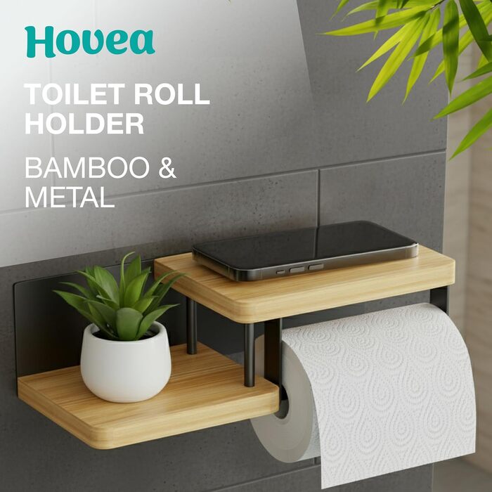 Тримач туалетного паперу Hovea з 2 полицями - настінний, без свердління, метал та дерево, чорний & бамбук
