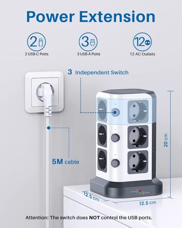Блок розеток KOOSLA з USB-C, 12 розеток, 3680W/16A, захист від перенапруги 1500J, індивідуальне вмикання, 5м кабель, сірий