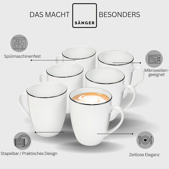 Набір посуду SÄNGER Tafelservice Marlo Black Rim, 24 предмети (6 осіб) з порцеляни: вечері, десерти, миски, чашки