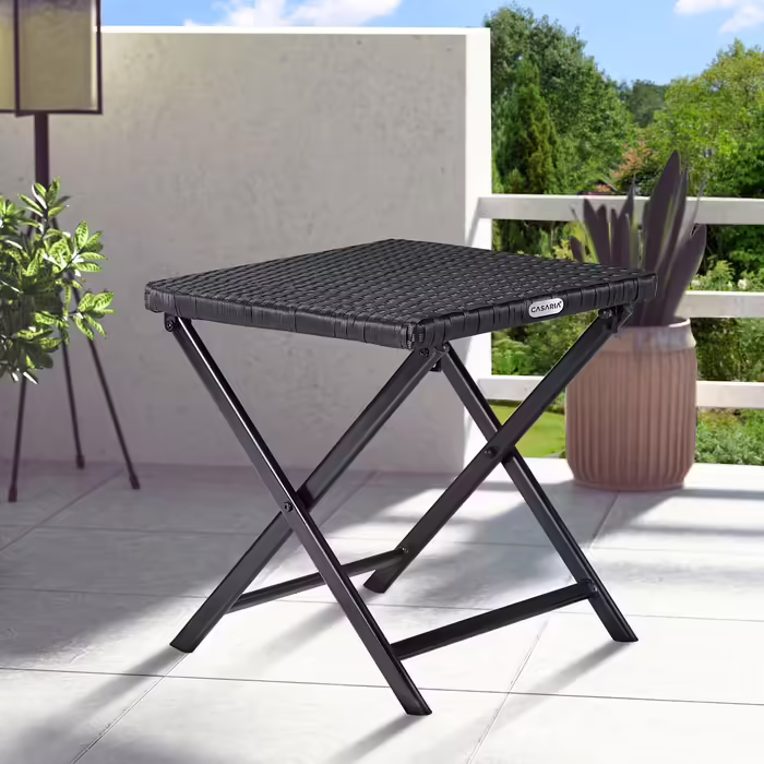 Casaria® Polyrattan Folding Stool, 75kg Load Capacity, 44x40x44cm, Foldable, Lightweight, Portable, Outdoor, Weatherproof, Garden, Terrace, Balcony, Camping Stool Chair Table 1