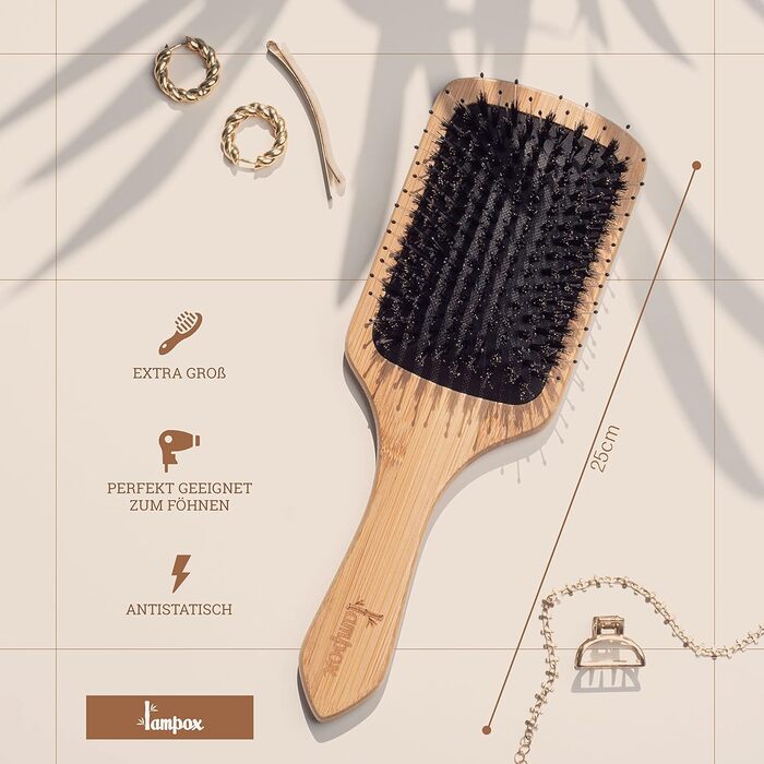 Дерев'яна щітка для волосся Lampox з щетиною кабана: масаж голови, догляд за волоссям, розчісування для довгих волосся та кучерявого волосся, для жінок, чоловіків та дітей