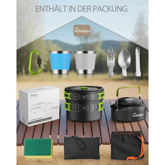 Набір кухонного посуду для кемпінгу Homgen: каструлі та сковорідки з алюмінію, легкий, для 2-3 осіб, з сумкою для зберігання, підходить для кемпінгу, пікніків, походів
