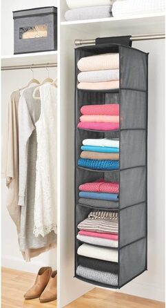 mDesign Тканинна вішалка для одягу з полицями – 6 відділень – сіра та чорна