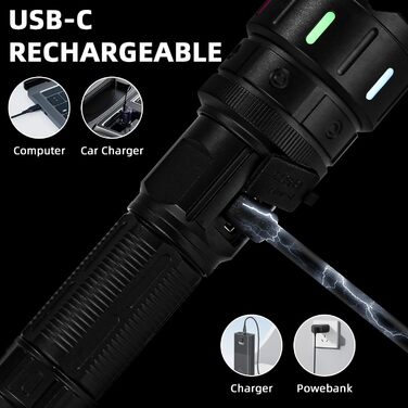 LED ліхтарик на акумуляторі, надзвичайно яскравий 1200000 люмен, з функцією зуму, тактичний, з 5 режимами світла, водонепроникний IP67, для кемпінгу, риболовлі, походів, активного відпочинку, чорний